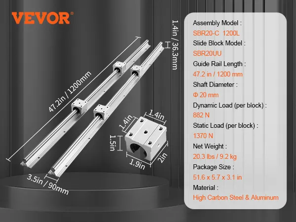 VEVOR linear guide rail set, 47.2in length, 20mm shaft diameter, high carbon steel and aluminum.