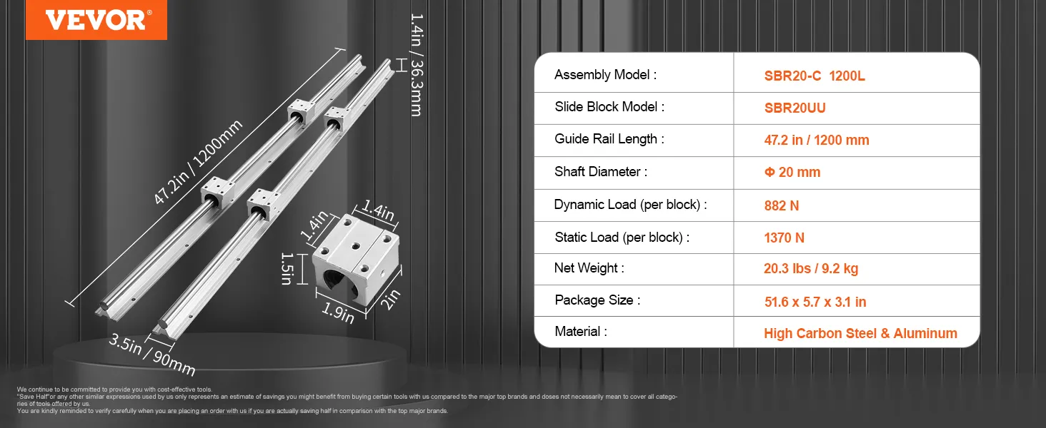 VEVOR linear guide rail set, 47.2in length, 20mm shaft diameter, high carbon steel and aluminum.