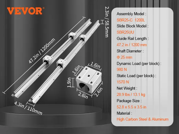 VEVOR linear guide rail set with dimensions, model numbers, load capacities, weight, and material information.