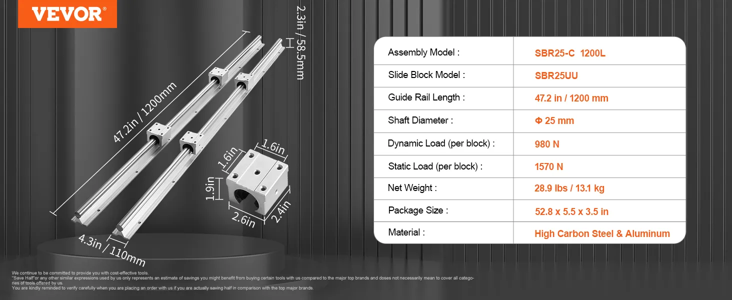 VEVOR linear guide rail set with dimensions, model numbers, load capacities, weight, and material information.