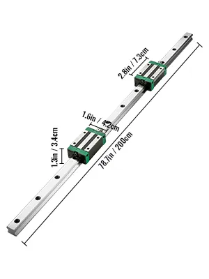 VEVOR linear guide rail, with dimensions labeled in inches and cm, features two blocks.
