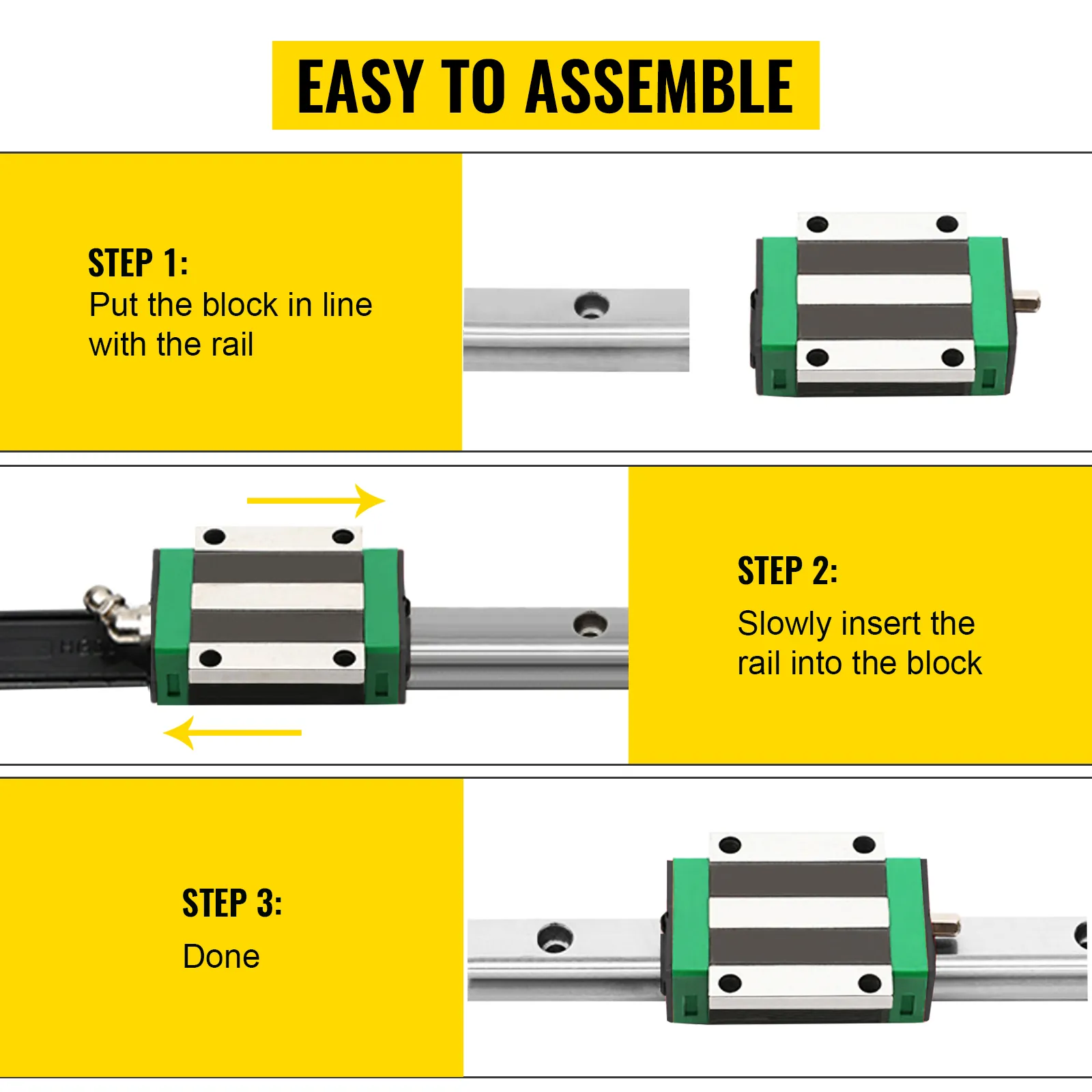 easy assembly steps for VEVOR linear guide rail: align, insert, and it’s done.