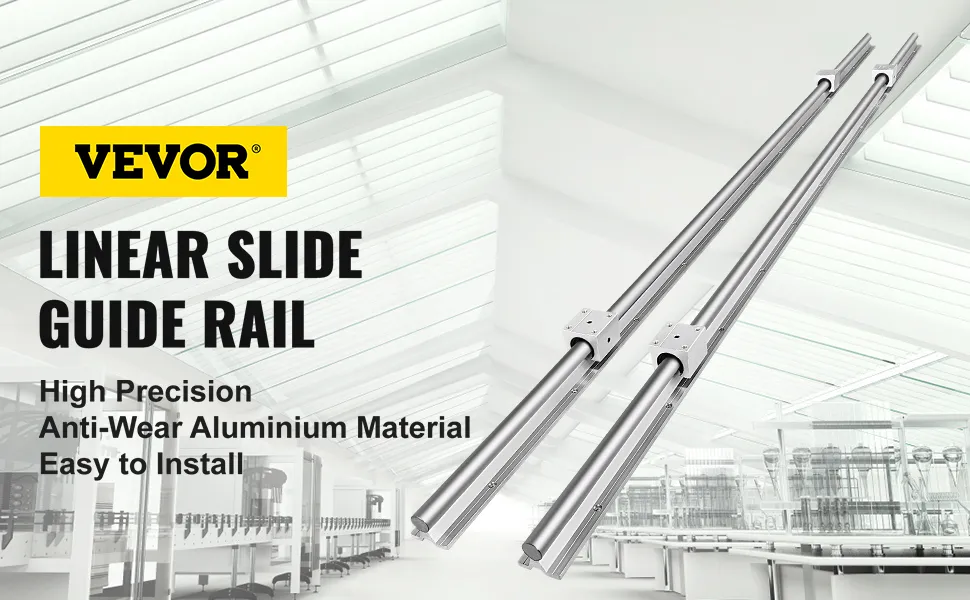 Juego de rieles lineales VEVOR en fábrica moderna, alta precisión, aluminio antidesgaste, fácil instalación.