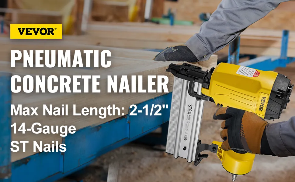 VEVOR pneumatic concrete nailer in use with max nail length 2-1/2", 14-gauge st nails.