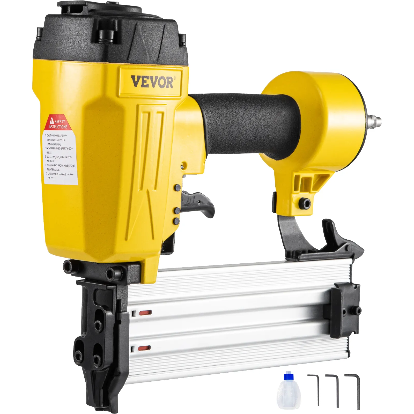 VEVOR pneumatic concrete nailer with yellow body, black handle, and accessory tools.