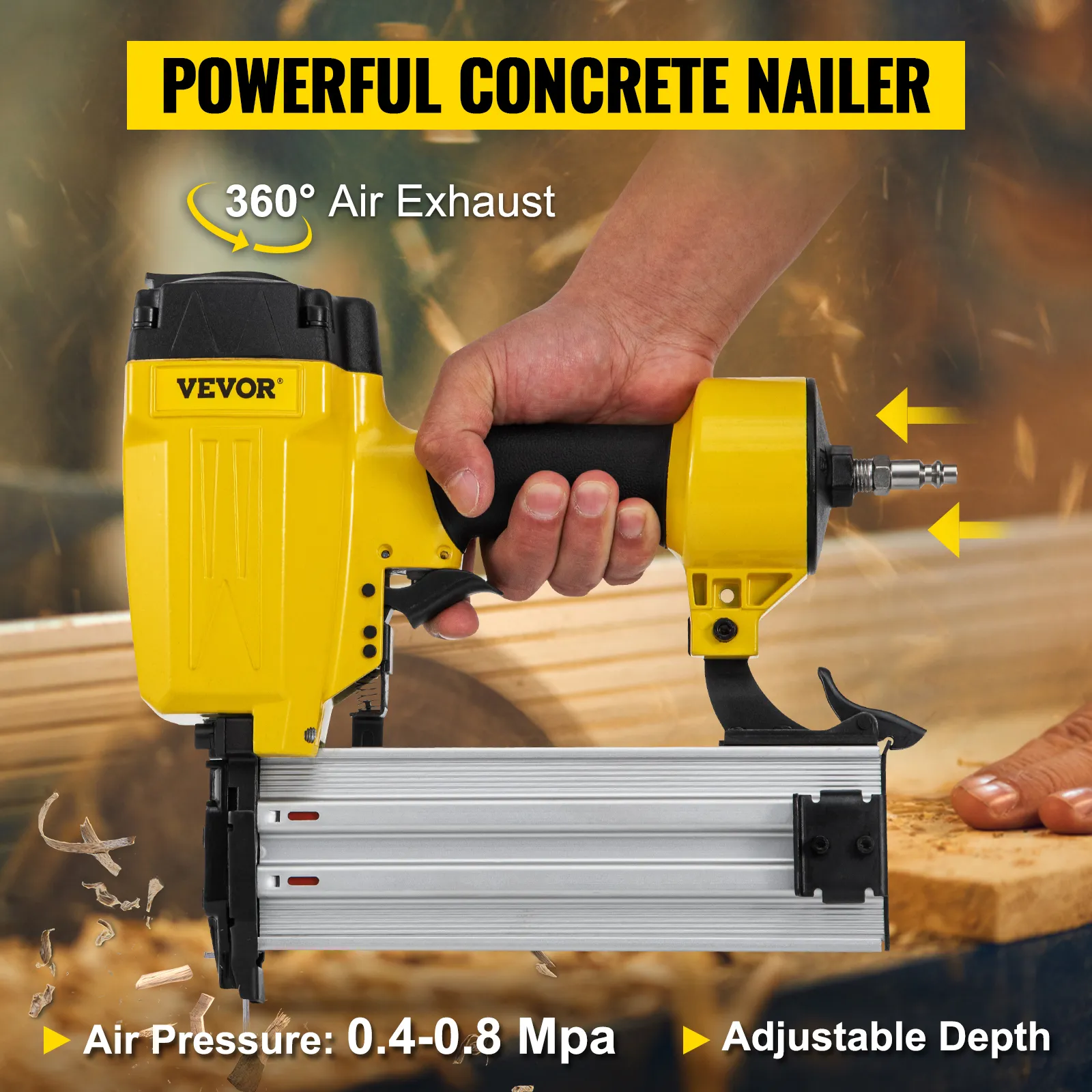 hand holding a VEVOR pneumatic concrete nailer with 360° air exhaust and adjustable depth.