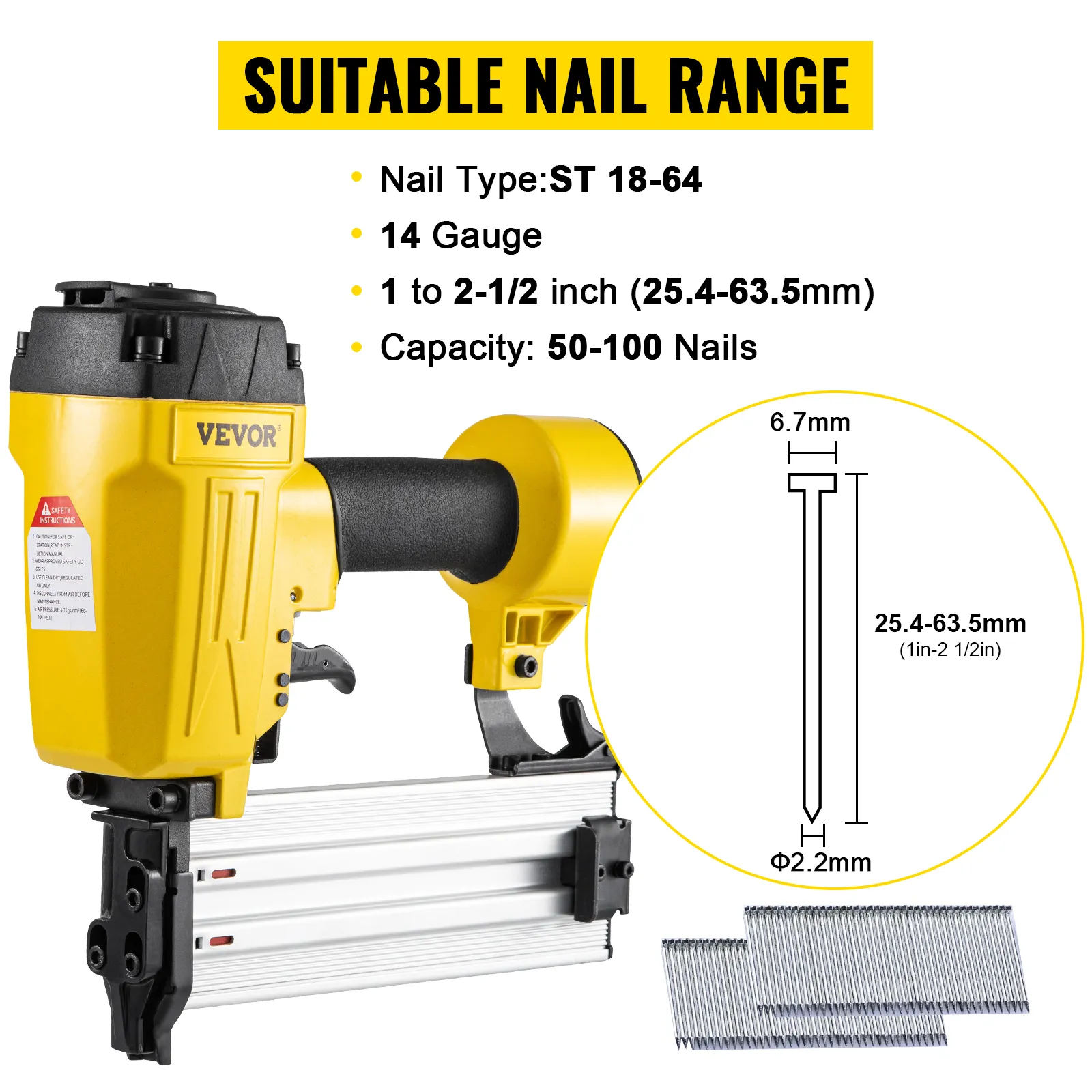 VEVOR pneumatic concrete nailer, 14 gauge, suitable nail range 1 to 2-1/2 inch, capacity 50-100 nails.