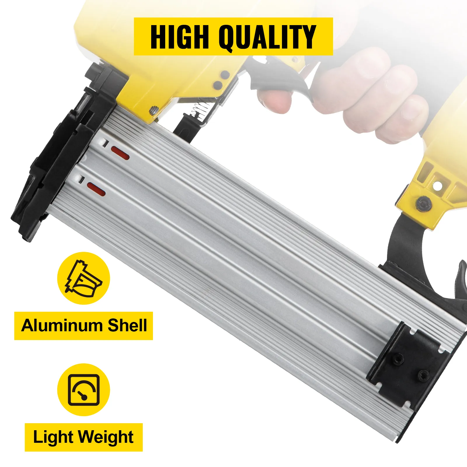 VEVOR pneumatic concrete nailer with aluminum shell and lightweight design, highlighted for high quality.