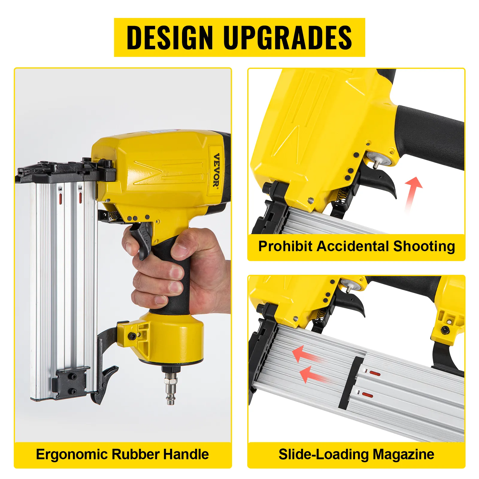 VEVOR pneumatic concrete nailer with ergonomic handle, slide-loading magazine, and safety features.
