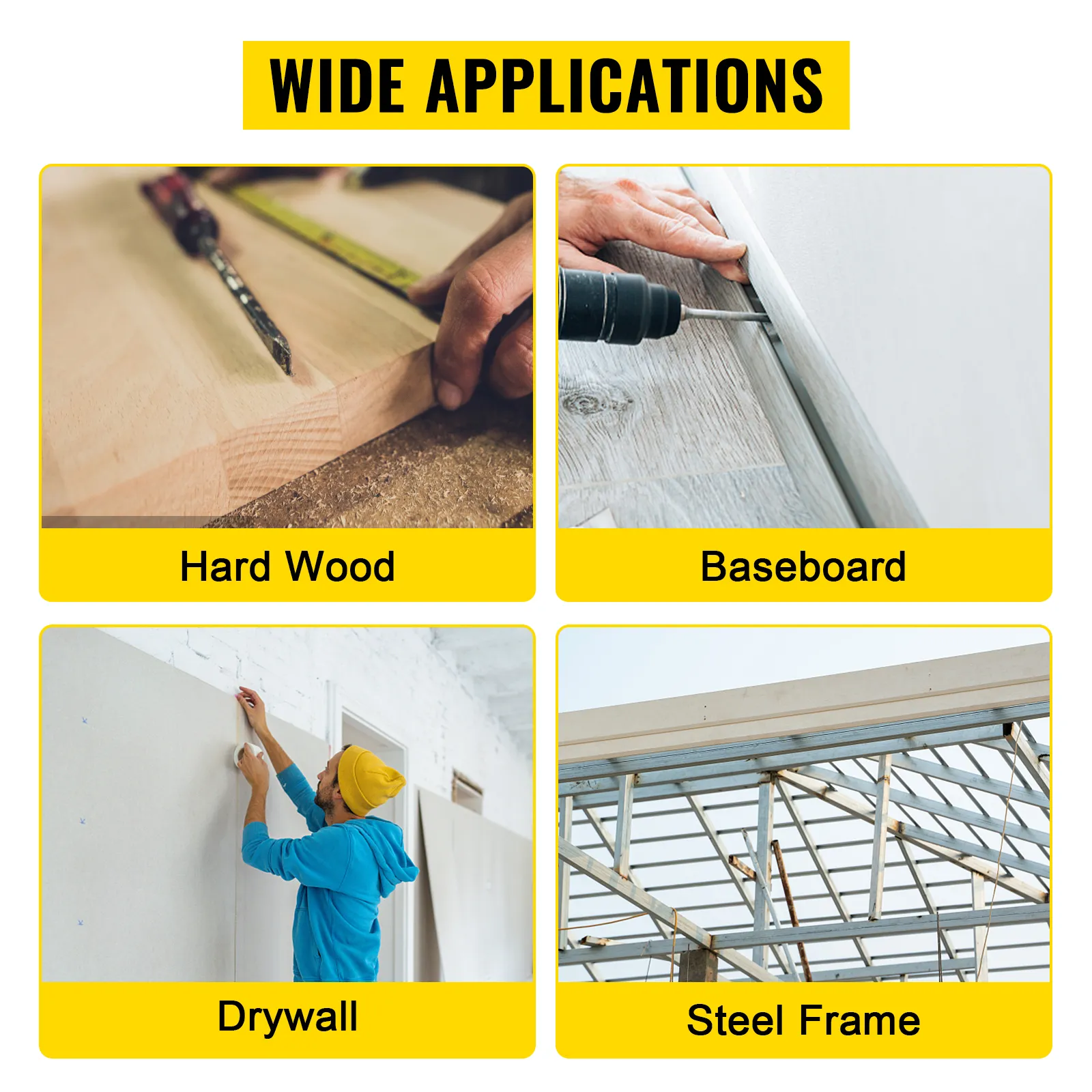 wide applications for VEVOR pneumatic concrete nailer: hard wood, baseboard, drywall, steel frame.