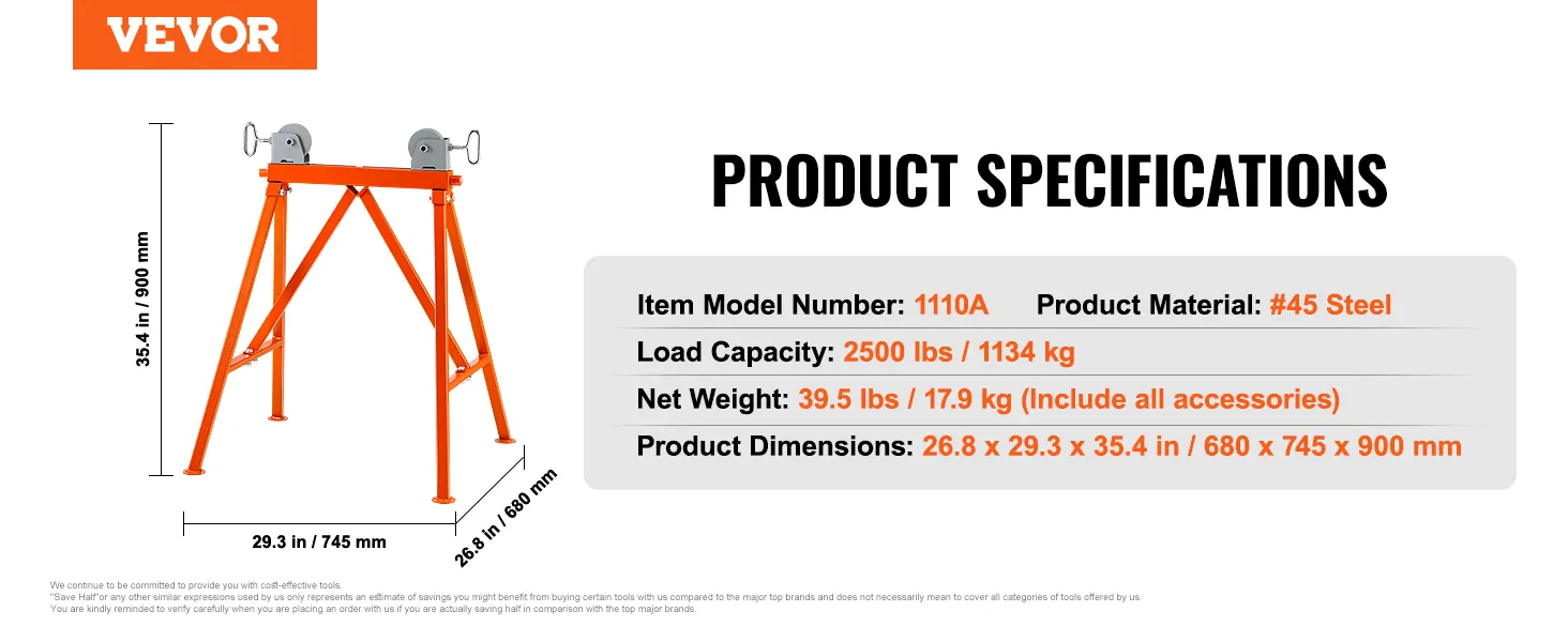 VEVOR pipe stand specs: 2500 lbs capacity, 39.5 lbs weight, 26.8 x 29.3 x 35.4 in dimensions, #45 steel.