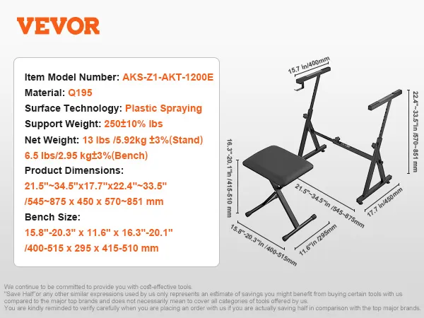VEVOR piano keyboard stand and bench, model aks-z1-akt-1200e, with adjustable dimensions and support specs.