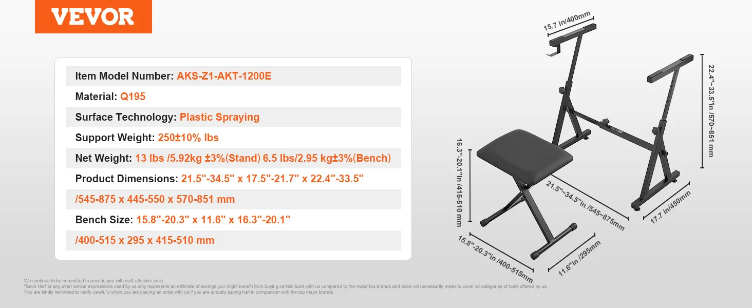 VEVOR piano keyboard stand and bench, model aks-z1-akt-1200e, with adjustable dimensions and support specs.