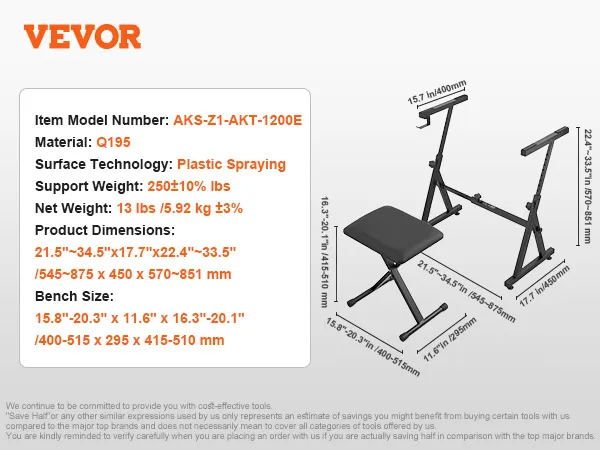 VEVOR piano keyboard stand aks-z1 with adjustable height and width, q195 material, 13 lbs weight.
