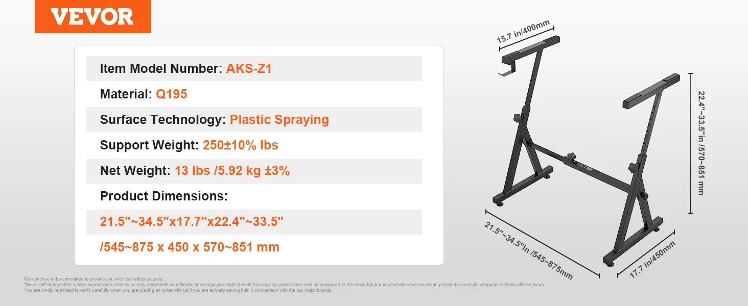 VEVOR piano keyboard stand aks-z1 with adjustable height and width, q195 material, 13 lbs weight.