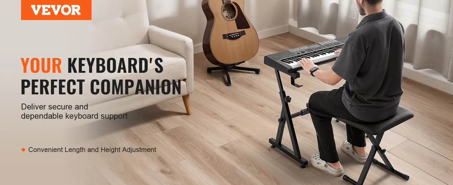 person playing keyboard on VEVOR piano keyboard stand in a cozy room with guitar and sofa.