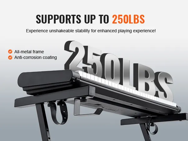 VEVOR piano keyboard stand supports up to 250lbs, featuring all-metal frame and anti-corrosion coating.
