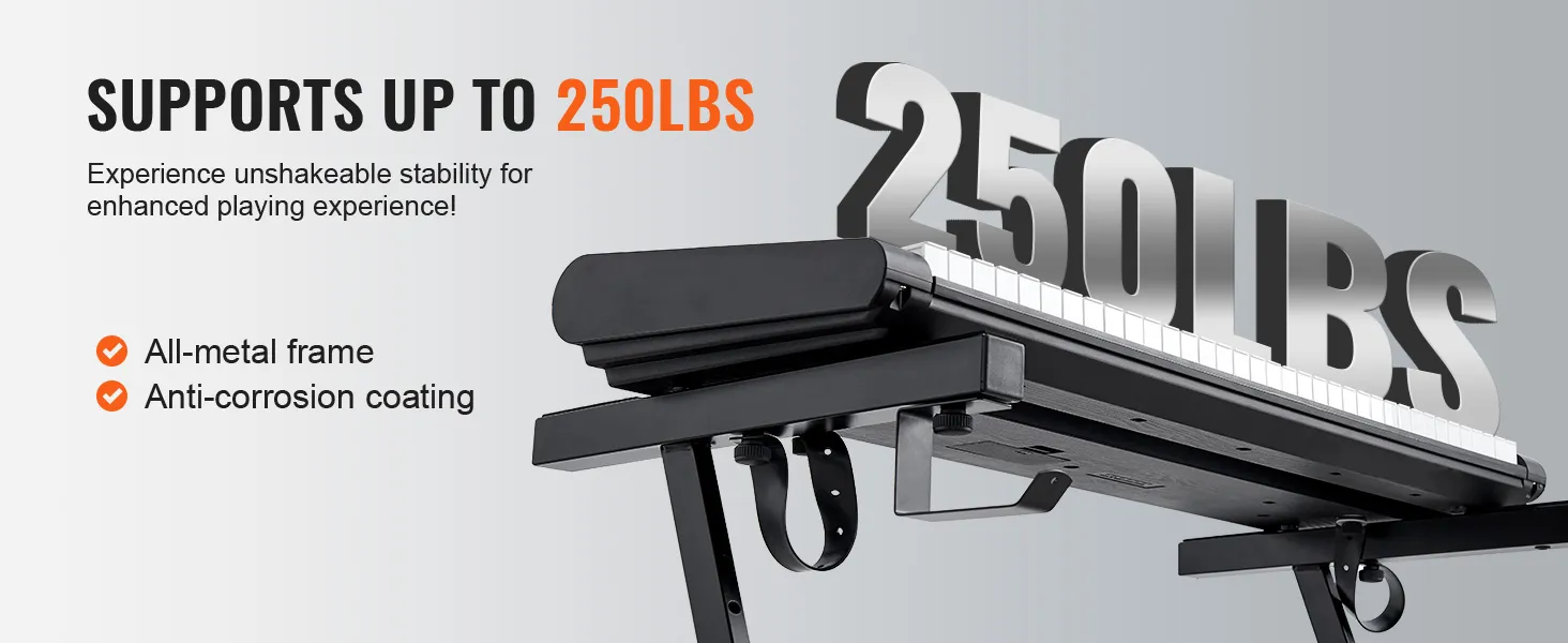 VEVOR piano keyboard stand supports up to 250lbs, featuring all-metal frame and anti-corrosion coating.