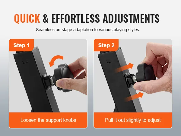 quick adjustments on VEVOR piano keyboard stand. loosen support knobs and pull out to adjust.