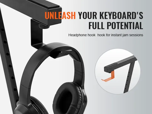 headphone hook on a VEVOR piano keyboard stand for convenient storage and easy access during sessions.