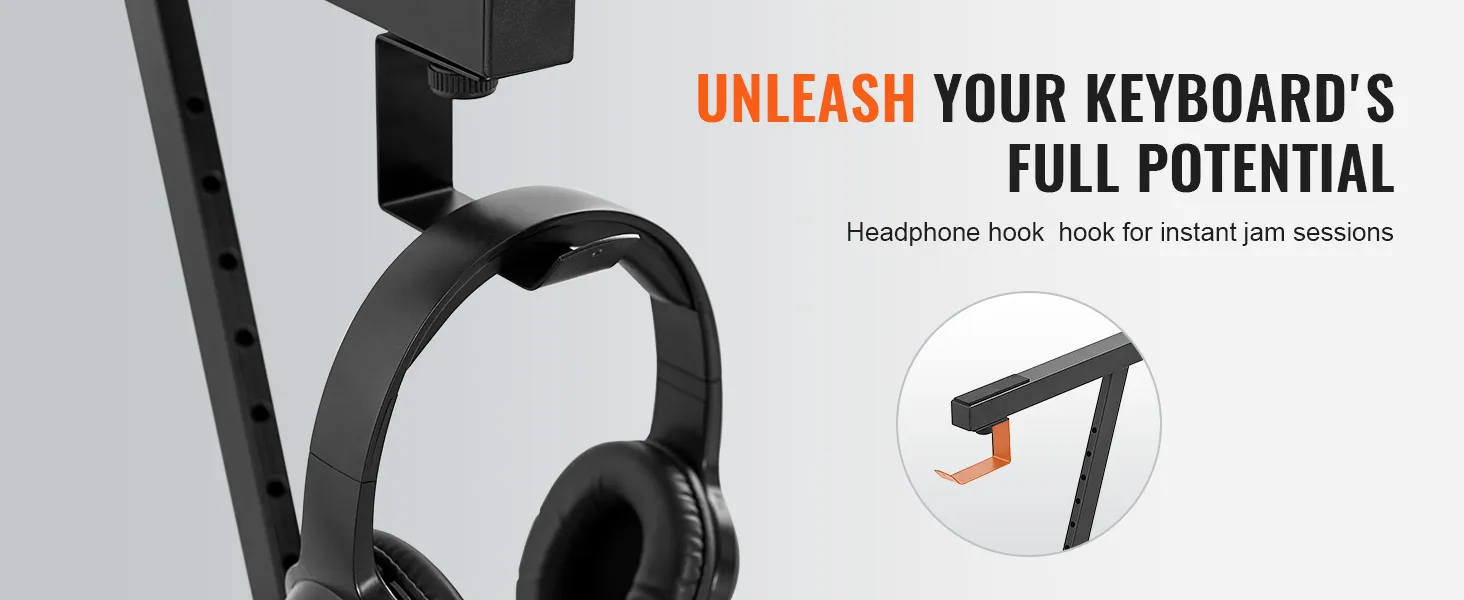 headphone hook on a VEVOR piano keyboard stand for convenient storage and easy access during sessions.