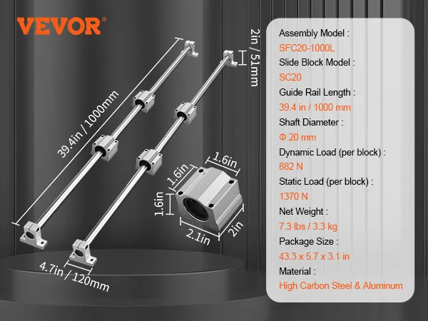 VEVOR linear guide rail set with sc20 slide block, 39.4 in shaft length, 20 mm diameter, 882 n load.