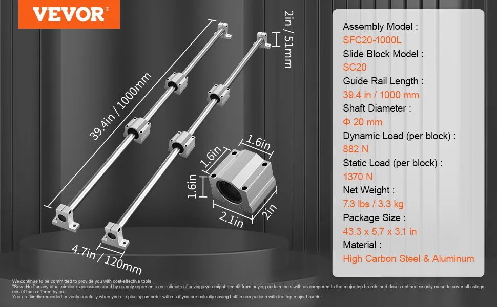 VEVOR linear guide rail set with sc20 slide block, 39.4 in shaft length, 20 mm diameter, 882 n load.