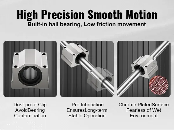 VEVOR linear guide rail set with dust-proof clip, pre-lubrication, and chrome plated surface for precision.