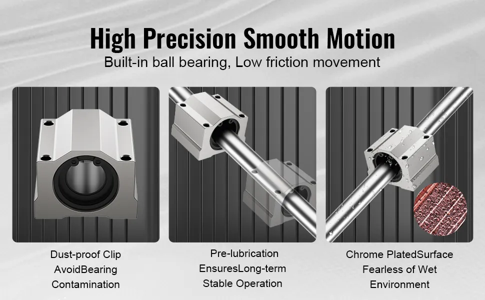 VEVOR linear guide rail set with dust-proof clip, pre-lubrication, and chrome plated surface for precision.