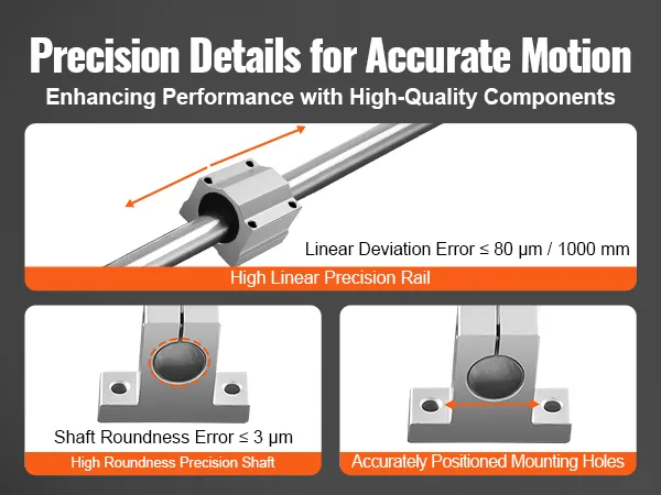 VEVOR linear guide rail set with high linear precision rail, roundness precision shaft, and mounting holes.