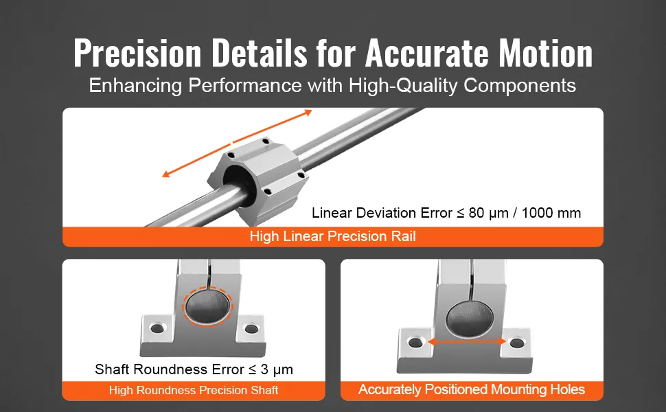 VEVOR linear guide rail set with high linear precision rail, roundness precision shaft, and mounting holes.