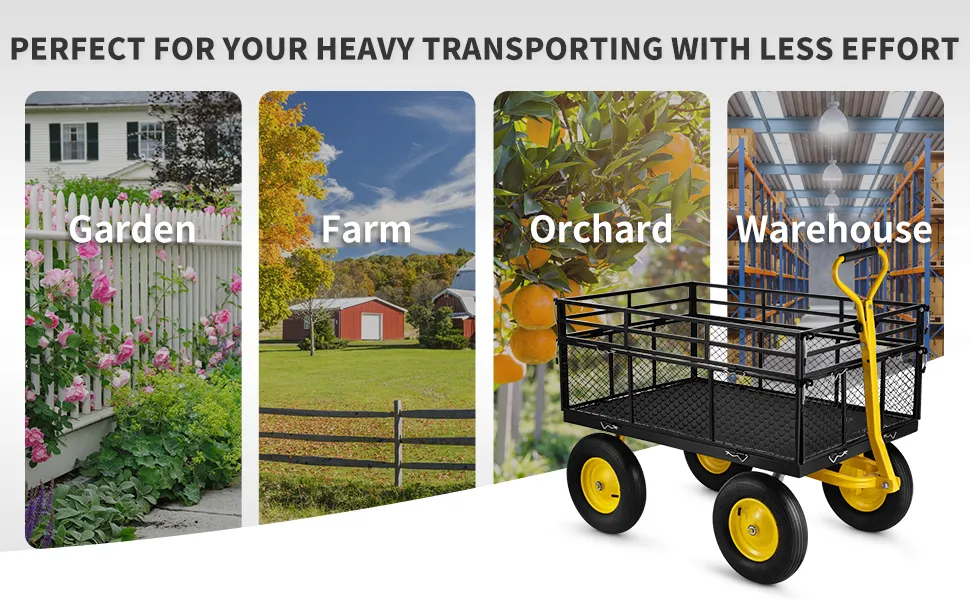 VEVOR steel garden cart in garden, farm, orchard, and warehouse settings for heavy transporting needs.