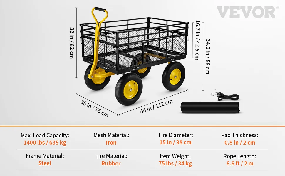 VEVOR steel garden cart with yellow wheels, iron mesh, 1400 lbs capacity, dimensions, and specifications.