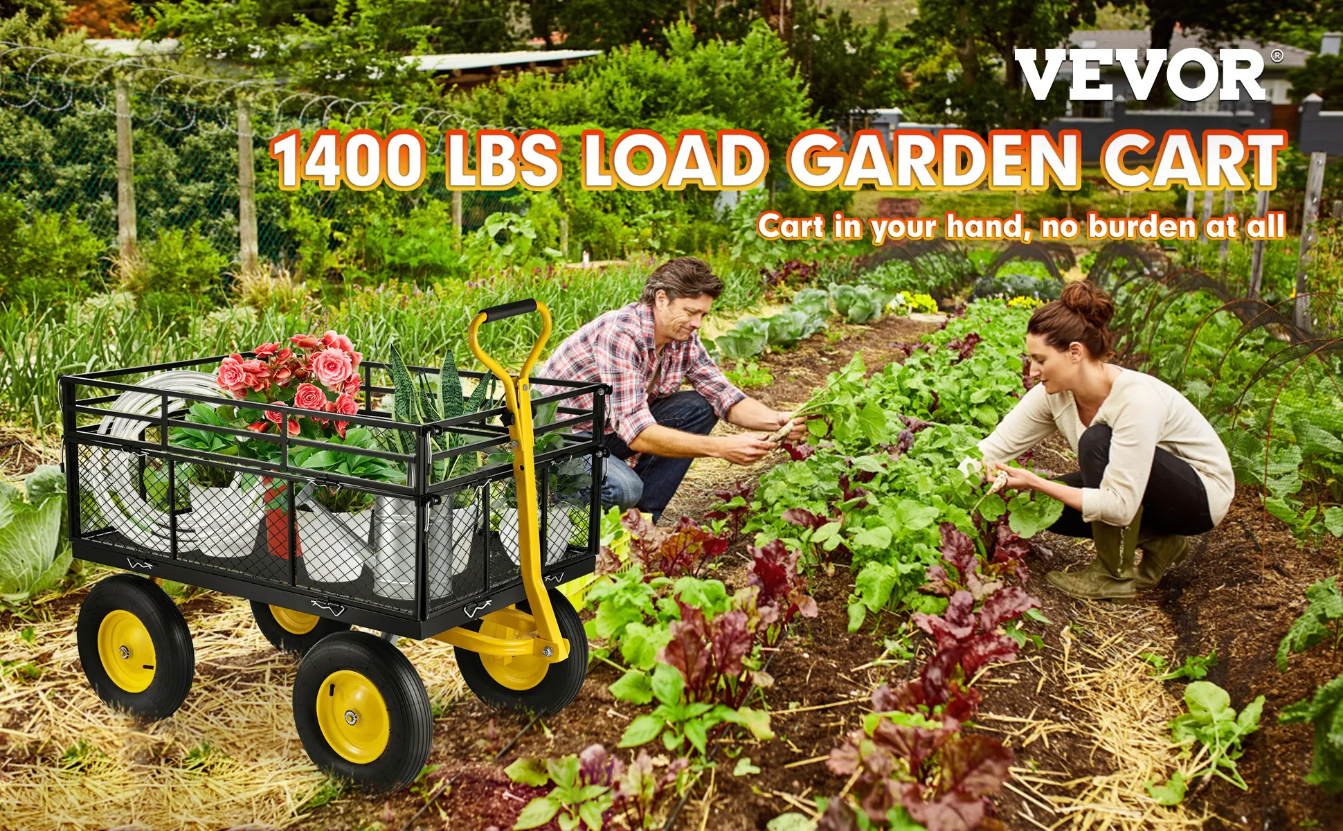VEVOR steel garden cart holds gardening supplies next to people tending a lush vegetable garden.