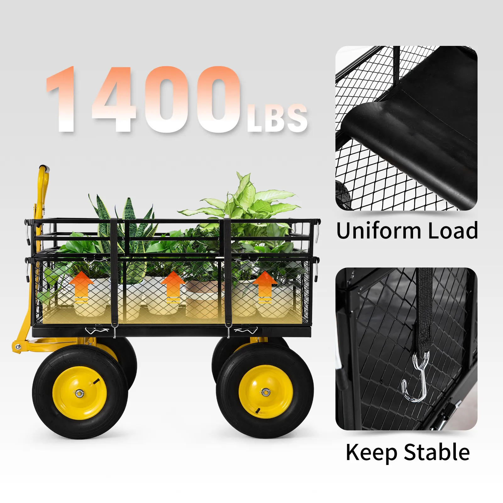 VEVOR steel garden cart holding plants, 1400 lbs capacity, uniform load and keep stable features.