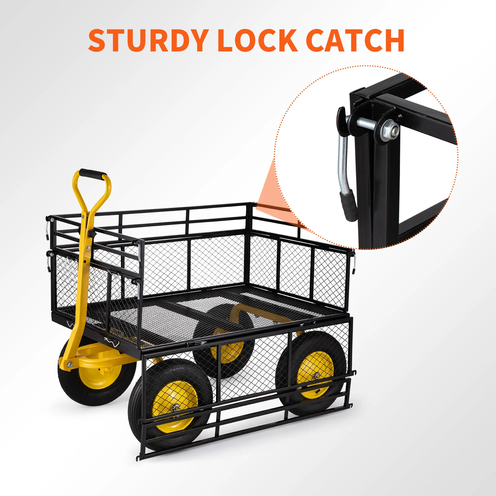 black VEVOR steel garden cart with yellow handle, sturdy lock catch, and mesh sides.