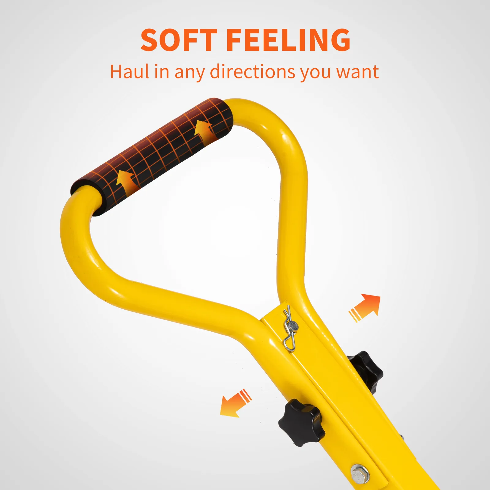 yellow handle of VEVOR steel garden cart with ergonomic grip and direction arrows. text: "soft feeling".