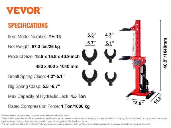 VEVOR hydraulic spring compressor specifications with product dimensions and load capacity details.