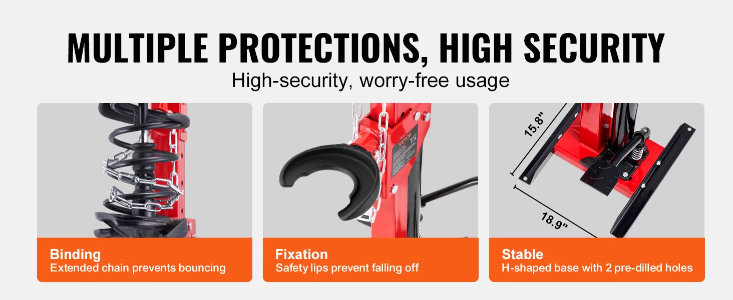 VEVOR hydraulic spring compressor with safety chain, fixation lips, and stable h-shaped base.