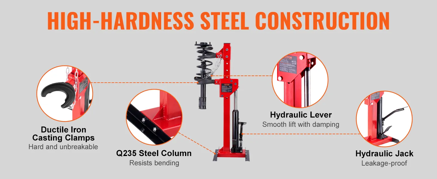 high-hardness steel construction, ductile iron clamps, q235 steel column, and hydraulic spring compressor.