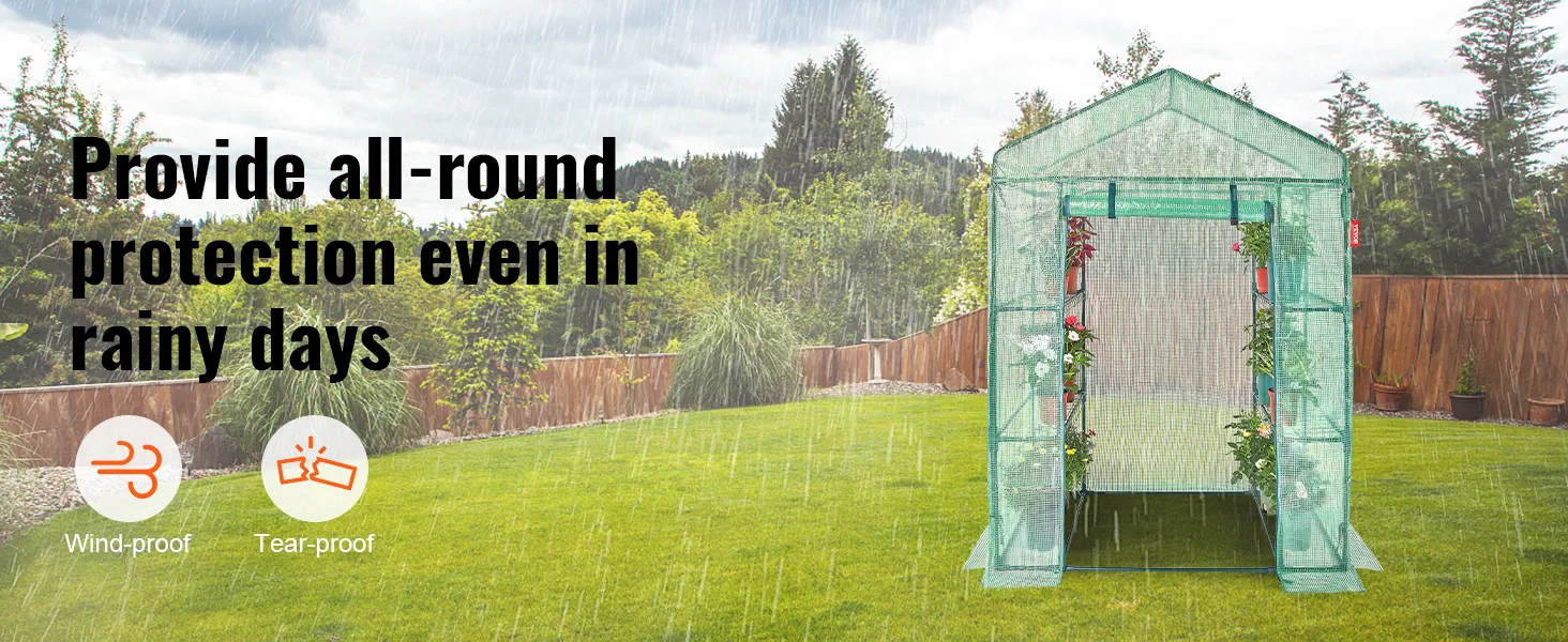 Das begehbare Gewächshaus von VEVOR bietet Schutz vor Regen, Wind und Rissen mit Pflanzen im Inneren bei Regen.