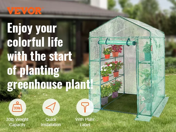 Begehbares Gewächshaus von VEVOR mit Regalen, Blumentöpfen und einfach zu installierenden Funktionen in einem Garten.