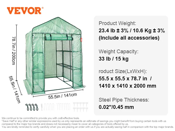 VEVOR walk-in greenhouse dimensions, weight, and accessories displayed on a white background.