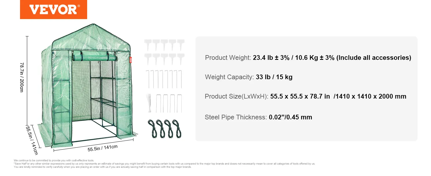 VEVOR walk-in greenhouse dimensions, weight, and accessories displayed on a white background.
