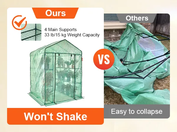 VEVOR walk-in greenhouse vs. unstable competitor, highlighting durability and weight capacity benefits.