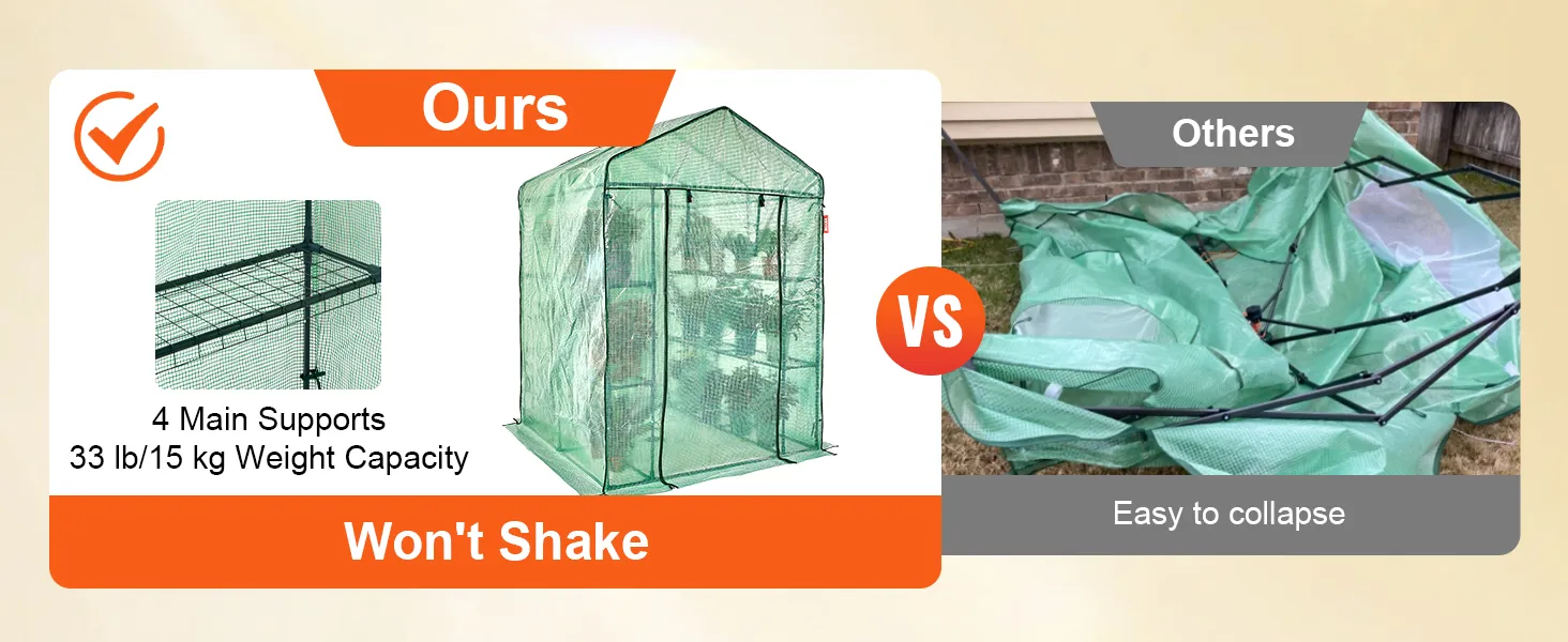 VEVOR walk-in greenhouse vs. unstable competitor, highlighting durability and weight capacity benefits.