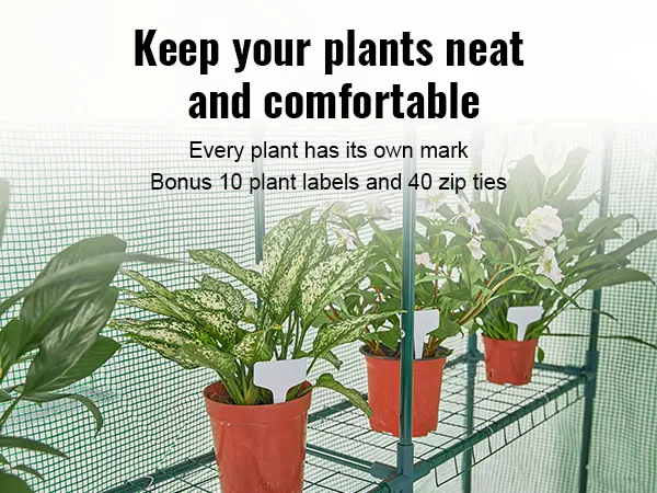 VEVOR walk-in greenhouse with potted plants on shelves, plant labels, and zip ties for organization.