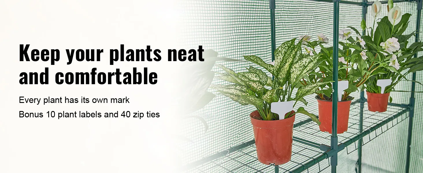 VEVOR walk-in greenhouse with potted plants on shelves, plant labels, and zip ties for organization.