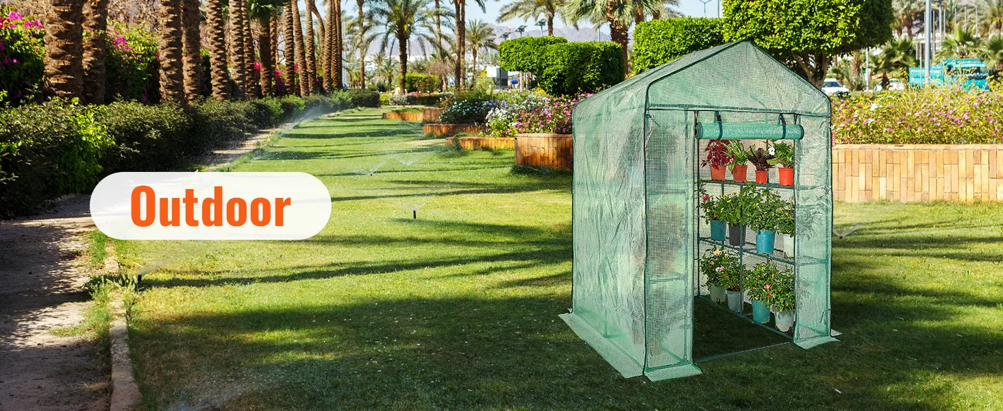 VEVOR walk-in greenhouse in a lush garden, featuring potted plants and a sunny outdoor setting.