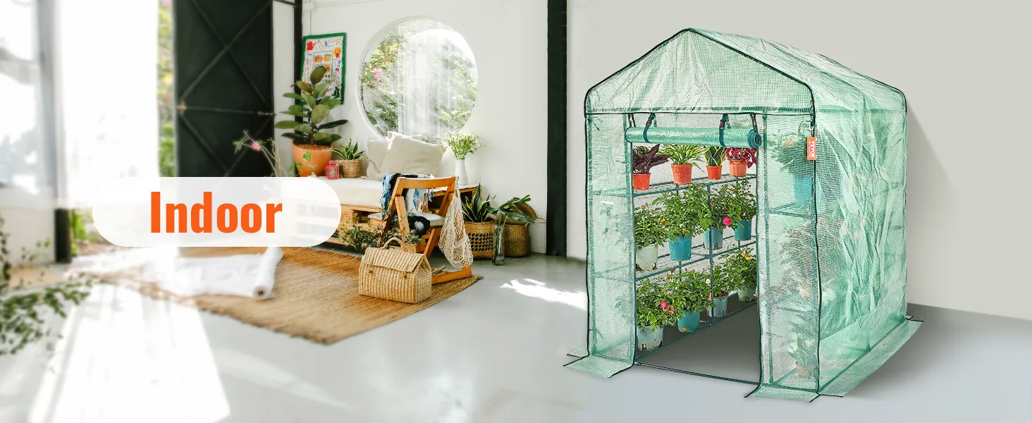 VEVOR walk-in greenhouse in a bright, spacious indoor room with plants and natural light.